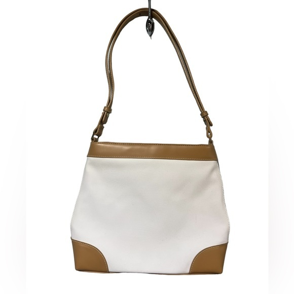 Liz Claiborne Handbags - Liz Claiborne Accessories White‎ Tan Canvas Faux Leather Shoulder Bag Hobo Purse